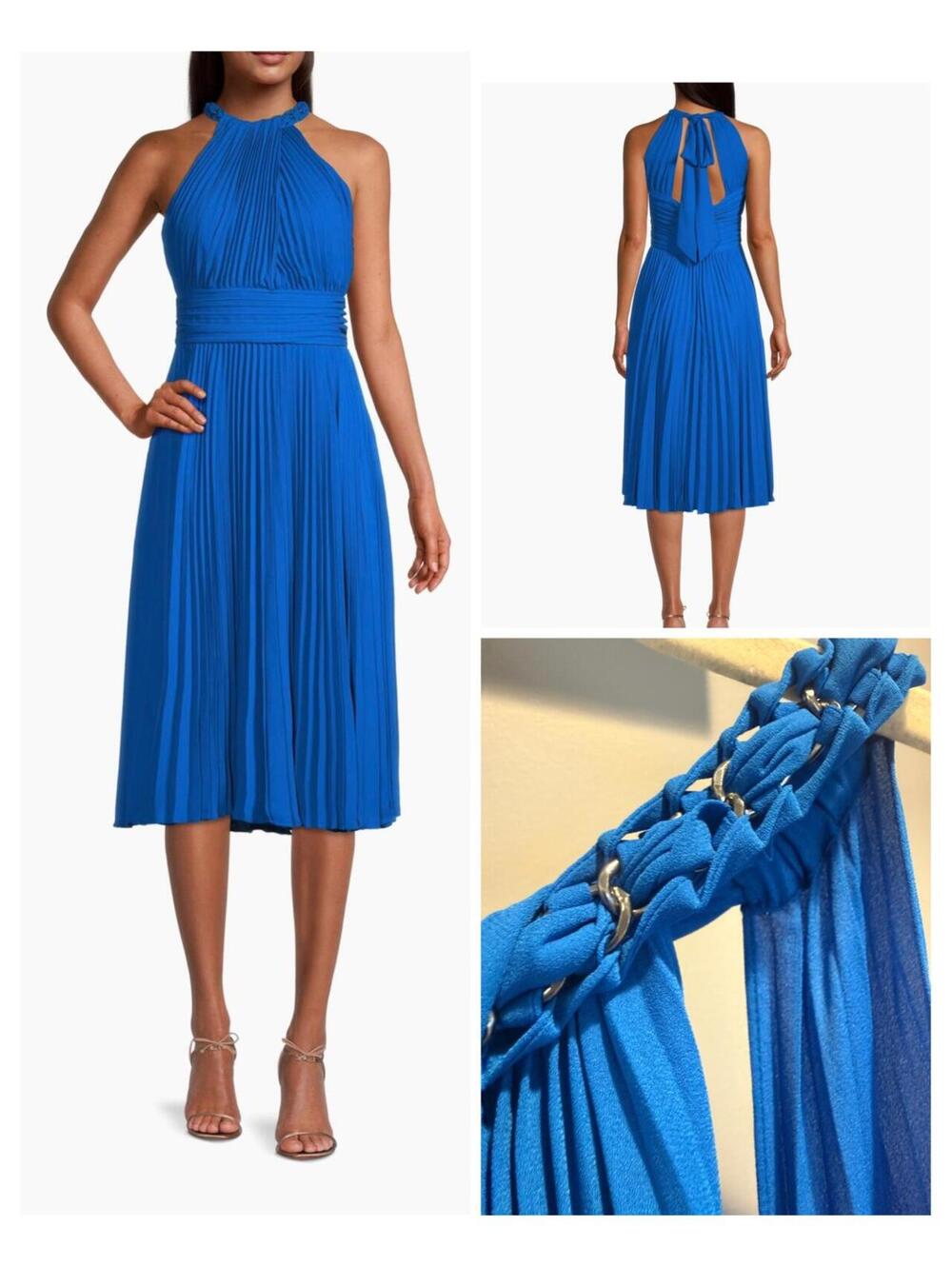Ungaro Amanda Pleated Halter Midi Dress Blue Size L NWT